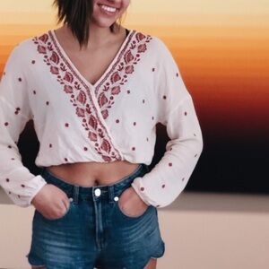 Embroidered Cream and Red Women's Long Sleeve Crop Top